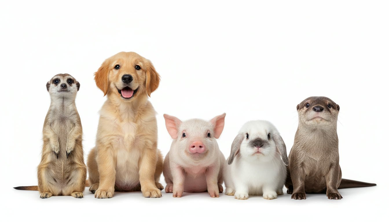 The whole critter crew — meerkat, puppy, piglet, rabbit and otter — lined up and rooting for you