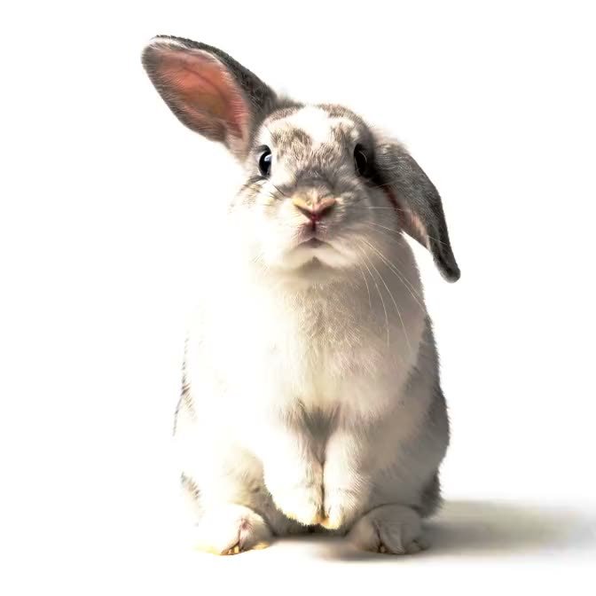 A lop-eared rabbit with one ear raised, as if asking a question