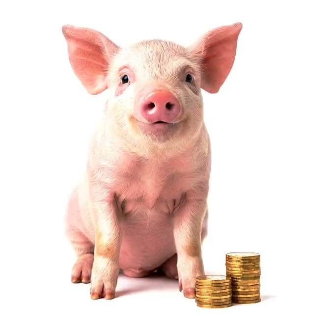 A piglet proudly guarding a small stack of gold coins